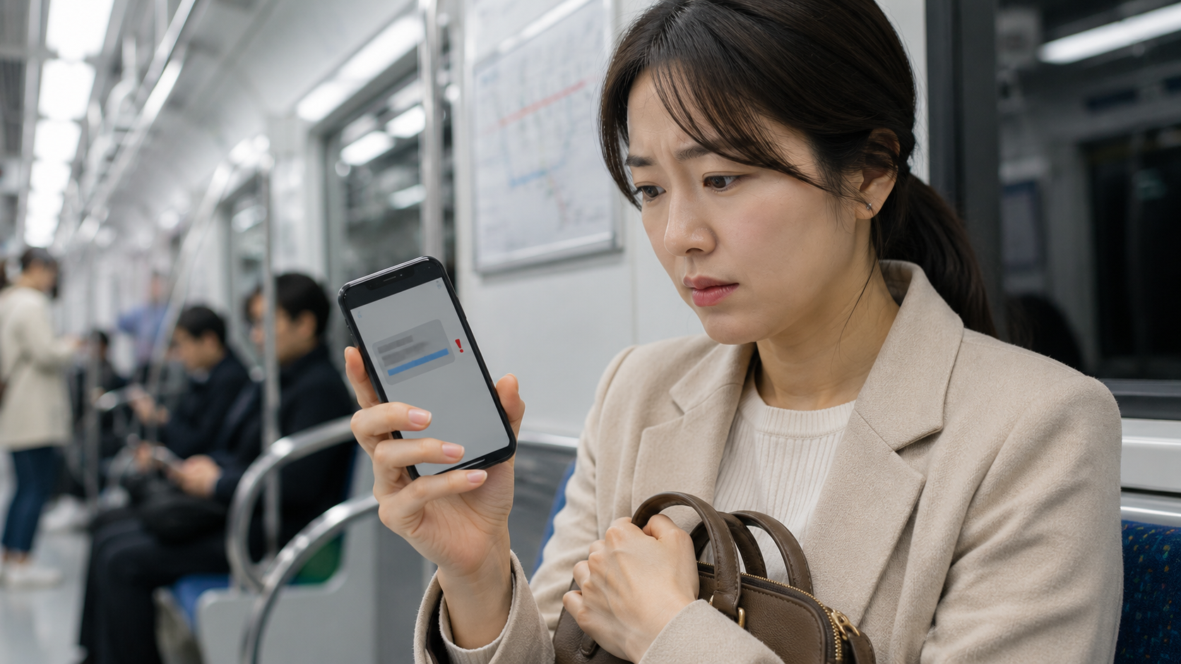지방세 환급을 사칭한 의심스러운 문자 링크를 확인하는 직장인