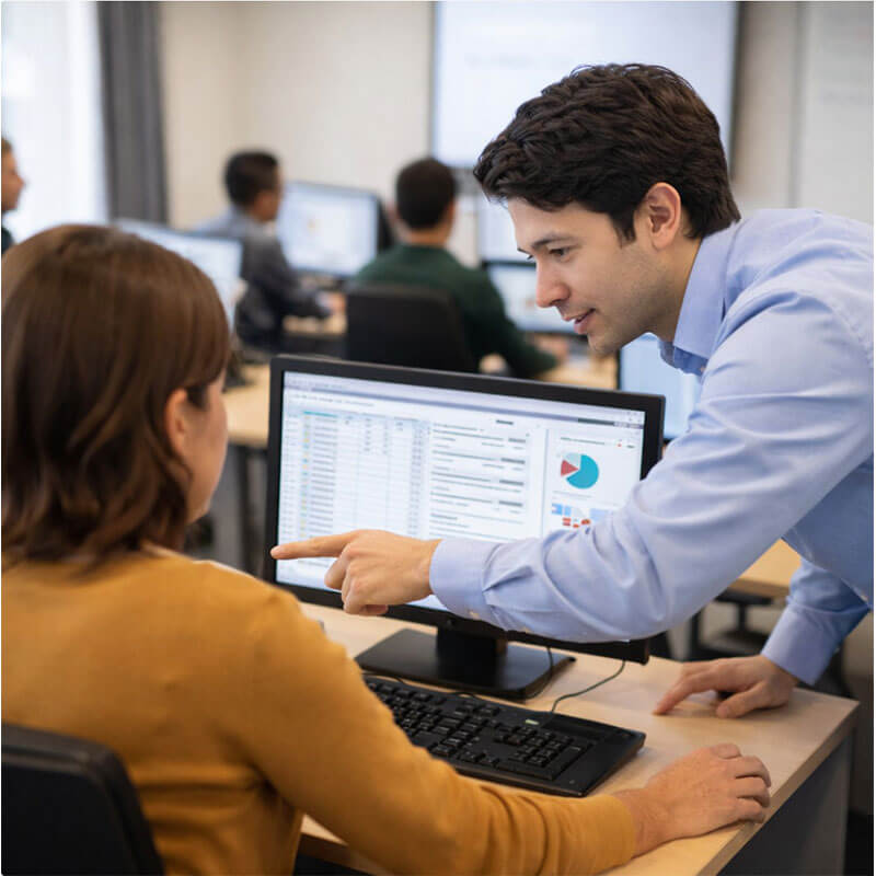 컴퓨터학원 강의실에서 강사가 수강생의 화면을 보며 실습을 도와주는 장면