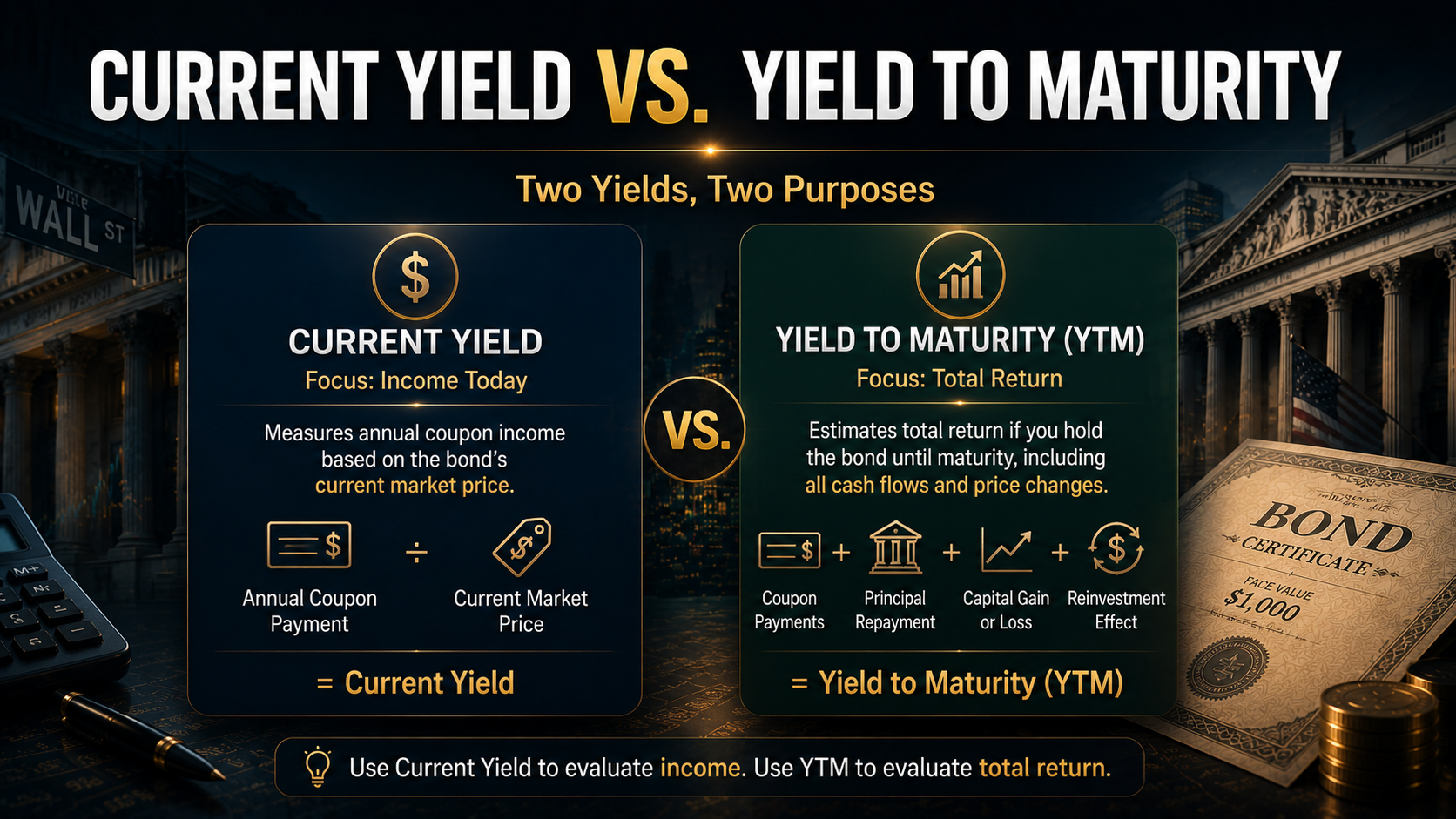 Comparison of Current Yield and Yield to Maturity (YTM) showing income yield versus total return in bond investing.