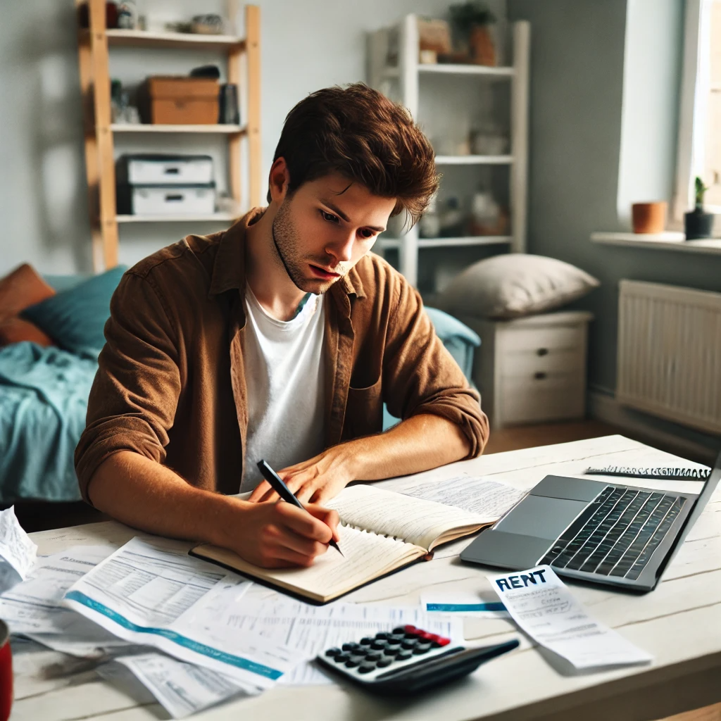 노트북과 청구서를 보며 예산을 짜는 청년