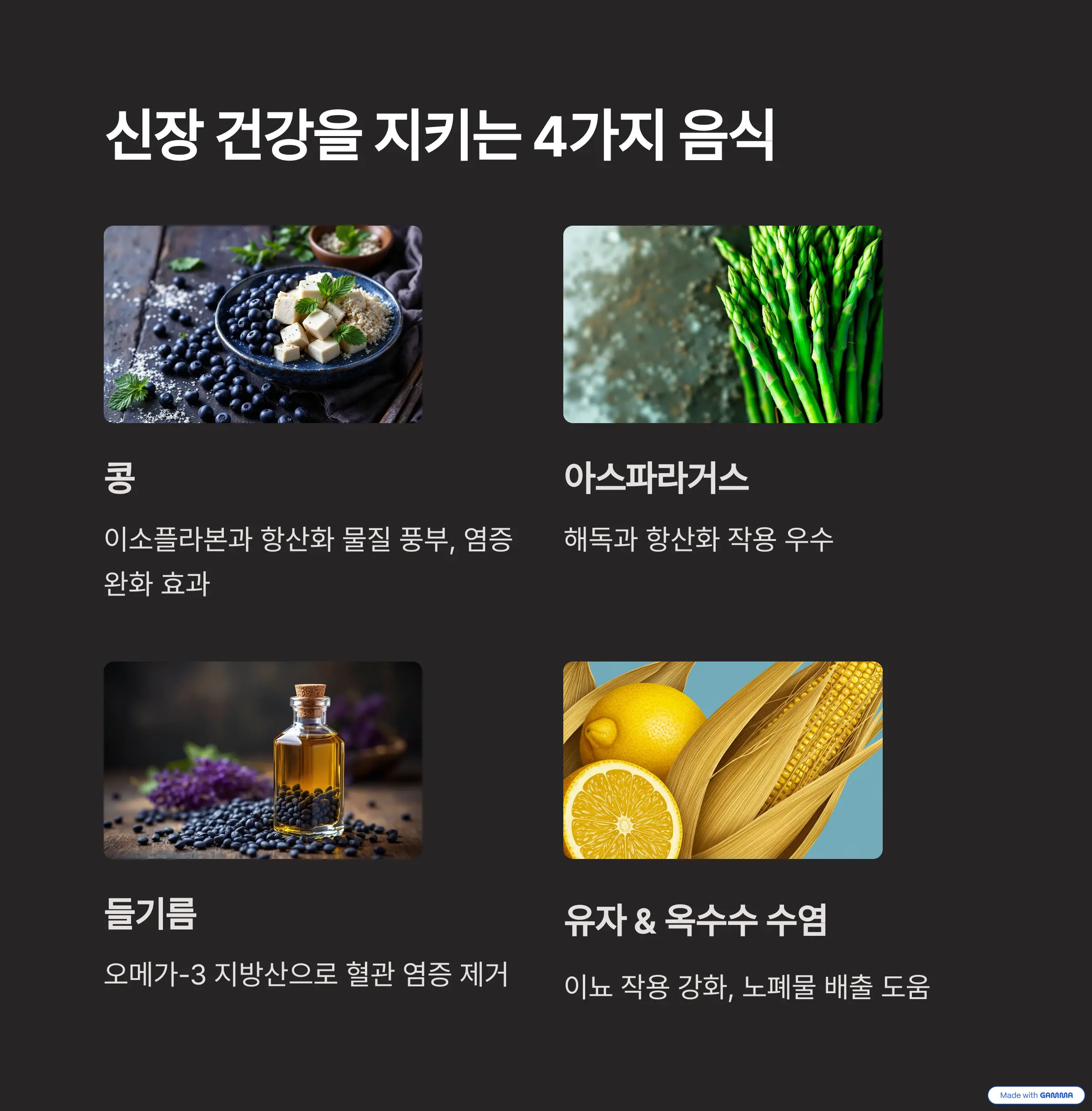 신장 건강에 좋은 음식 4가지 &ndash; 콩, 아스파라거스, 들기름, 유자 수염 소개