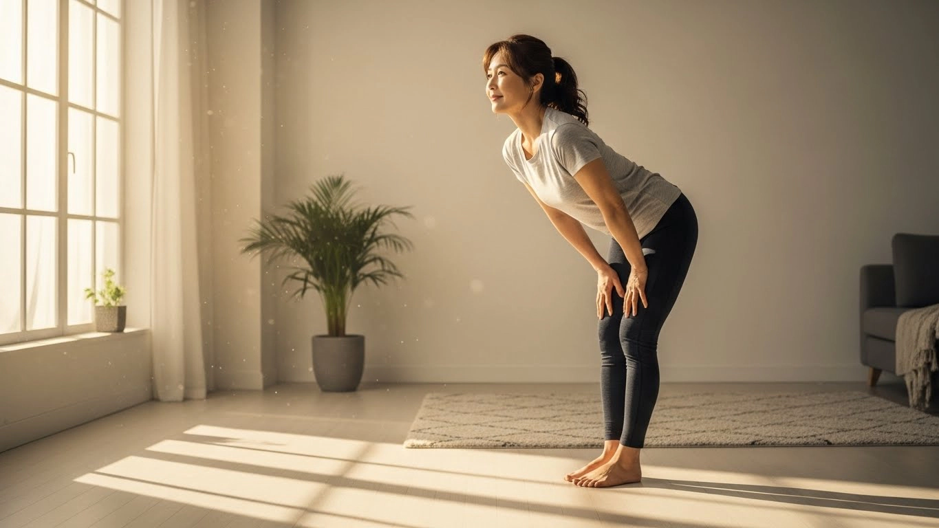 집에서 허리 스트레칭을 하는 50대 한국 여성