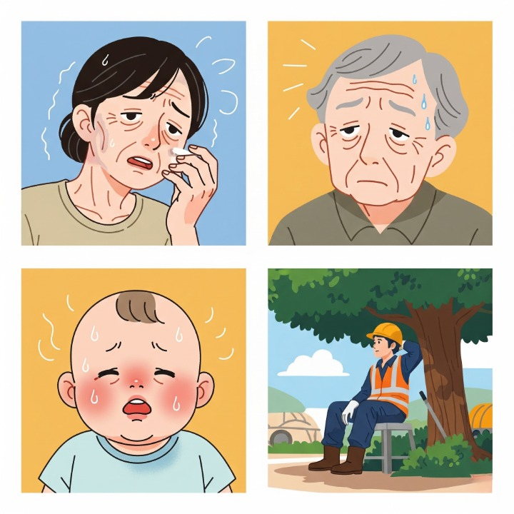 조심해야할 4가지 유형 만성질환자, 고령자, 유아 , 야외근로자를 그림으로 표현