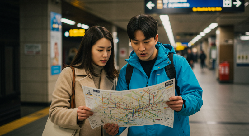 커플이 외국 지하철 안에서 복잡한 노선표를 보며 환승 경로를 파악하는 모습.