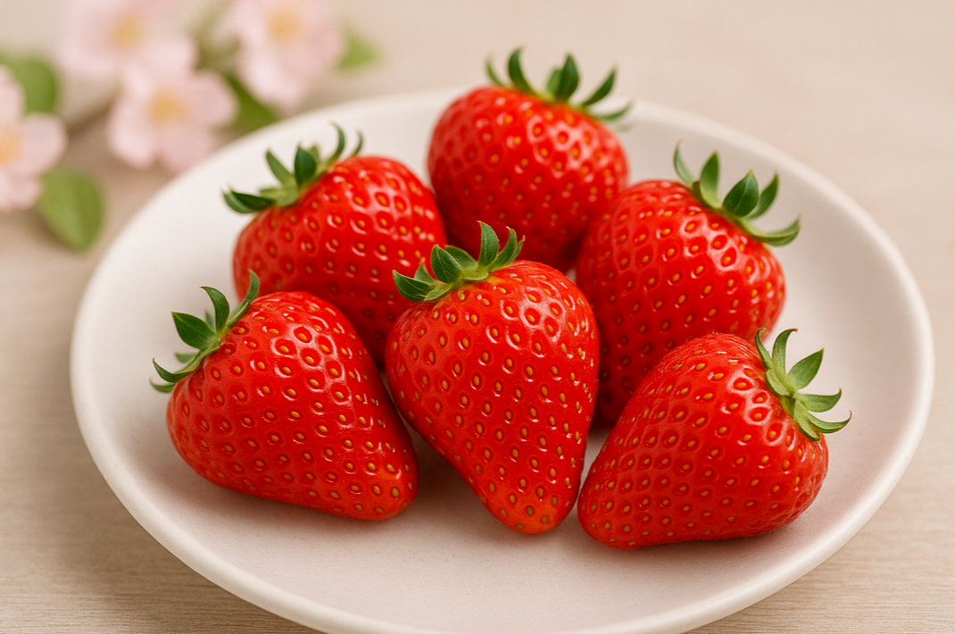 상큼한 봄 제철 과일 딸기를 흰 접시에 담아낸 저칼로리 간식 이미지