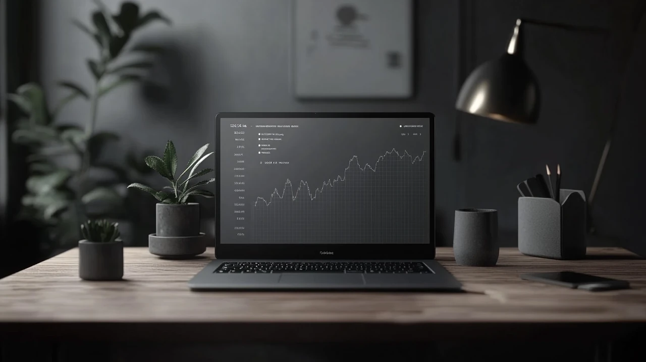 FIRE족 월배당 ETF의 수익률과 안정성 차이를 시각화한 차트가 보이는 노트북이 있는 미니멀리스트 책상, 월배당, 포트폴리오 분산, 자산관리, FIRE족 투자의 장점과 분석적 분위기 강조