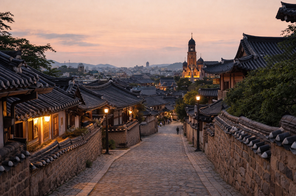 전주 한옥마을 돌길과 한옥 지붕이 보이는 늦은 오후 풍경