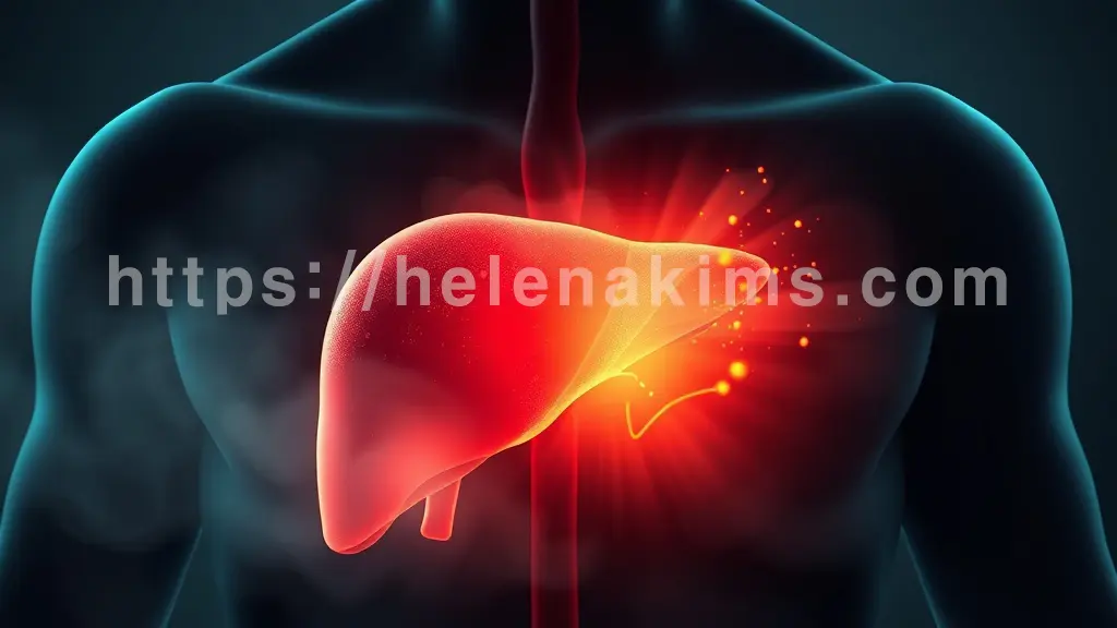 간의 일부는 건강하게 빛나고 다른 일부는 불투명하고 탁한 혈액이 짙은 안개처럼 감싸며 부담을 주는 모습.