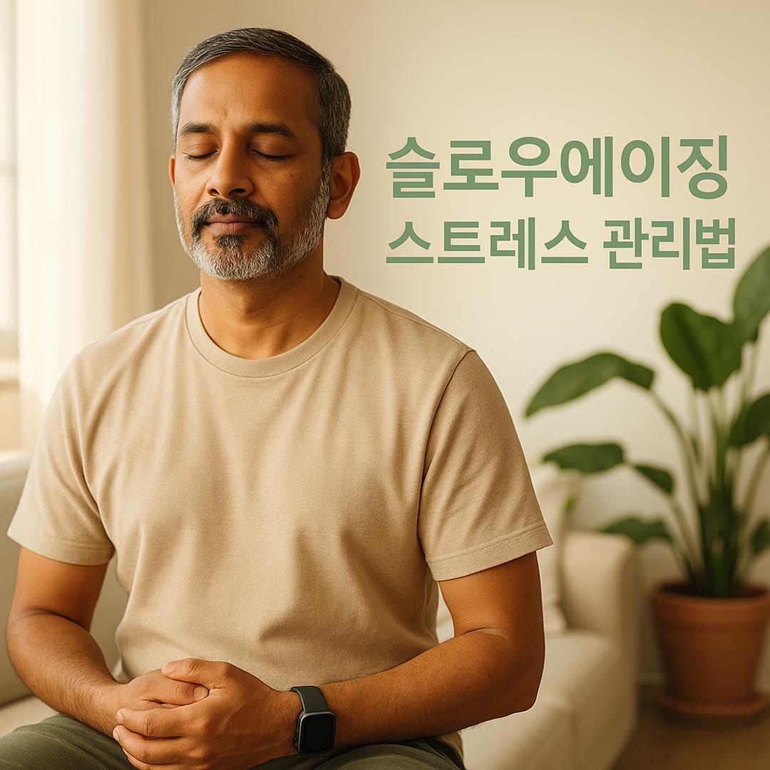 슬로우에이징 스트레스 관리법 글귀와 명상하고 있는 사람 사진