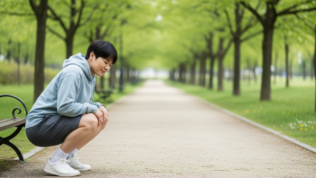 평지를 걷다 다리가 아파 잠시 쪼그려 앉아 쉬는 모습을 보여주는 일러스트