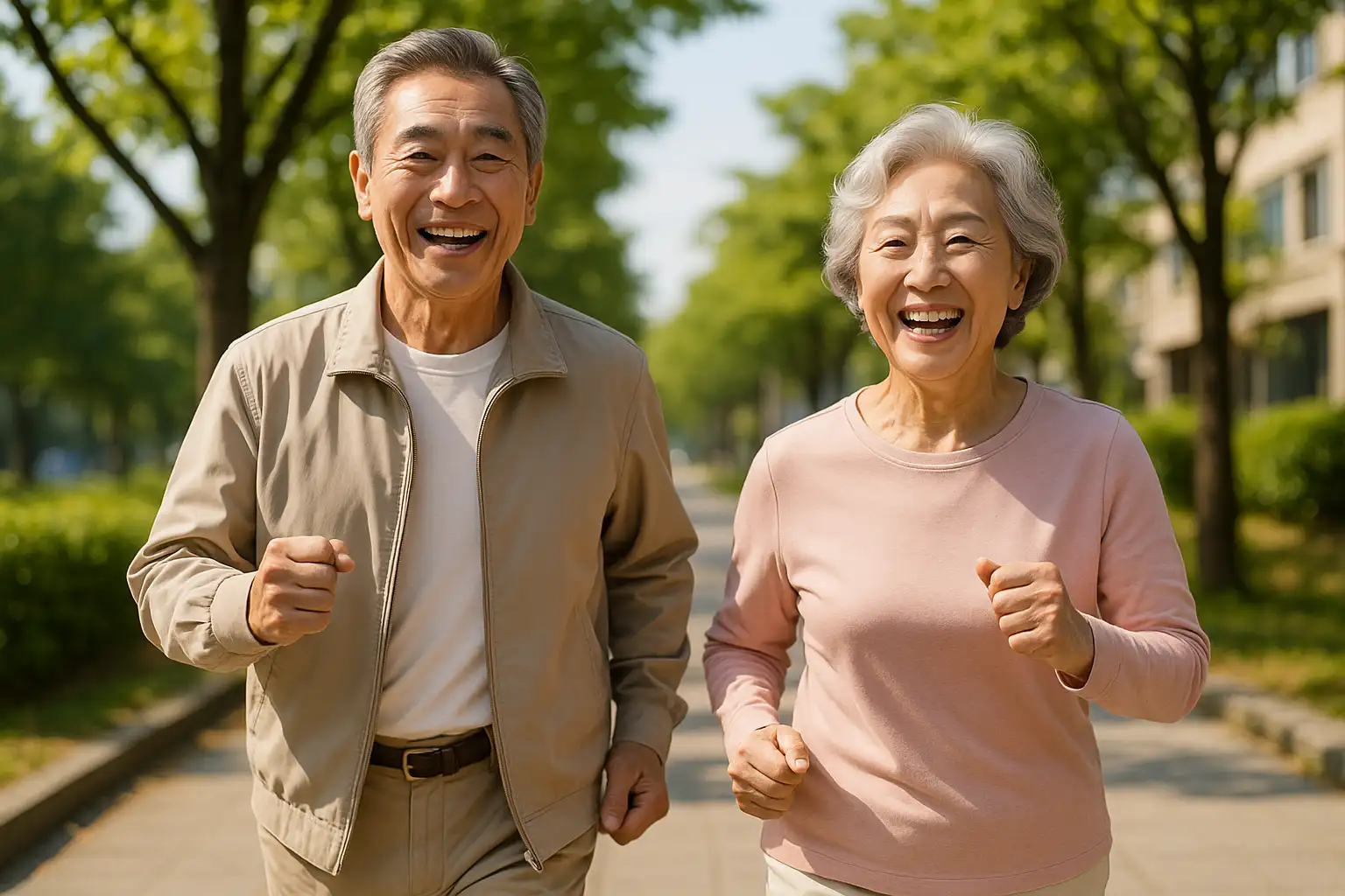 밝은 햇살 아래 활기차게 산책하는 어르신 부부