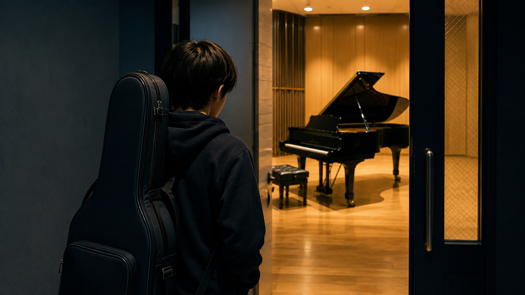 악기가방을 메고 화려한 무대 위를 보며 고민하는 학생