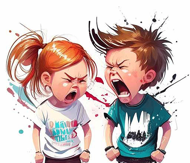 남자-어린이와-여자-어린이가-서로-고함을-지르며-분노하는-사진
