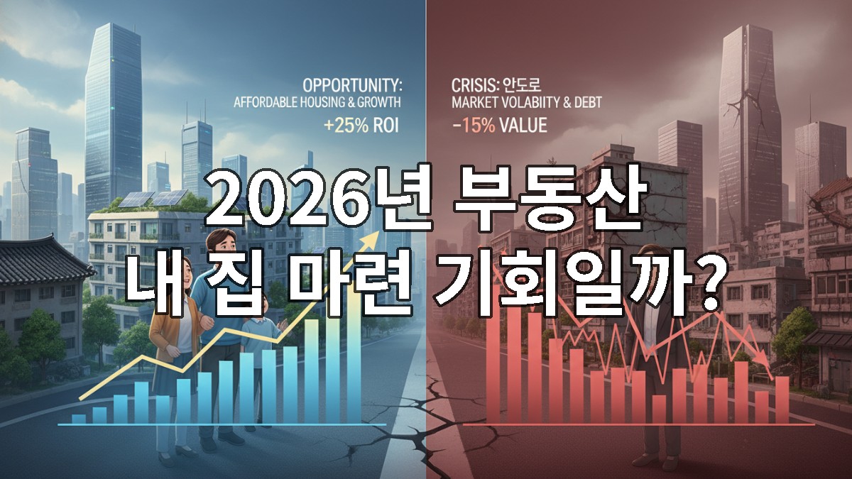 2026년 부동산 시장의 기회와 위기를 상징하는 이미지. 한쪽에는 희망찬 가족과 상승 그래프가 있는 현대적인 집이, 다른 한쪽에는 복잡하고 변동성이 큰 시장 그래프와 걱정하는 사람이 대조적으로 표현되어 있습니다.