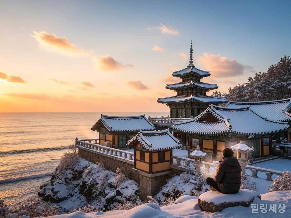 강원도 양양의 고요한 겨울 바다와 낙산사