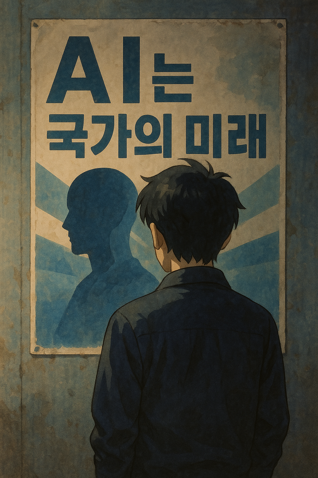 &ldquo;AI를 국가 미래로 선전하는 포스터 앞에서 멈춰 선 국민 &ndash; 기술 맹신과 불안을 상징하는 장면&rdquo;