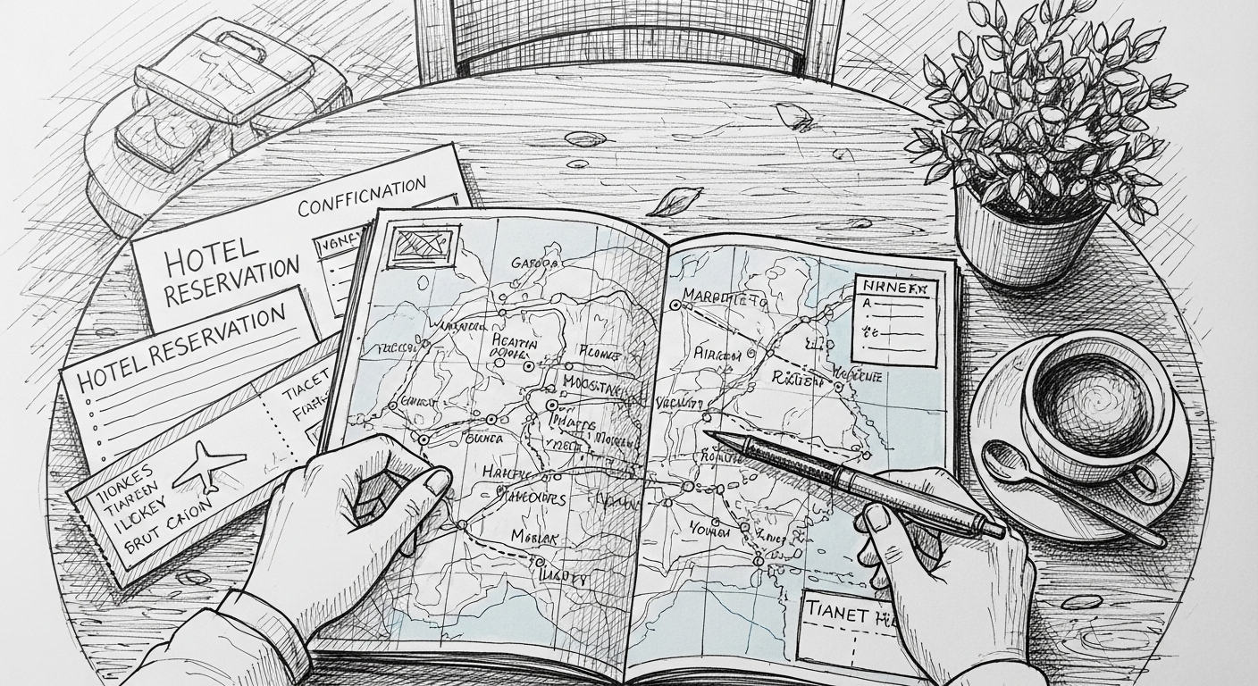 여행 일정표를 확인하는 사람