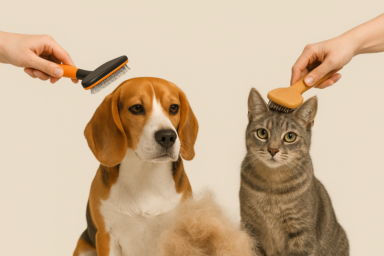 반려동물 털관리 꿀팁으로 강아지와 고양이를 브러시로 빗질하고 있는 모습, 털갈이 시즌 필수 루틴