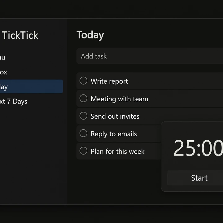 TickTick 할일 목록 및 타이머 화면
