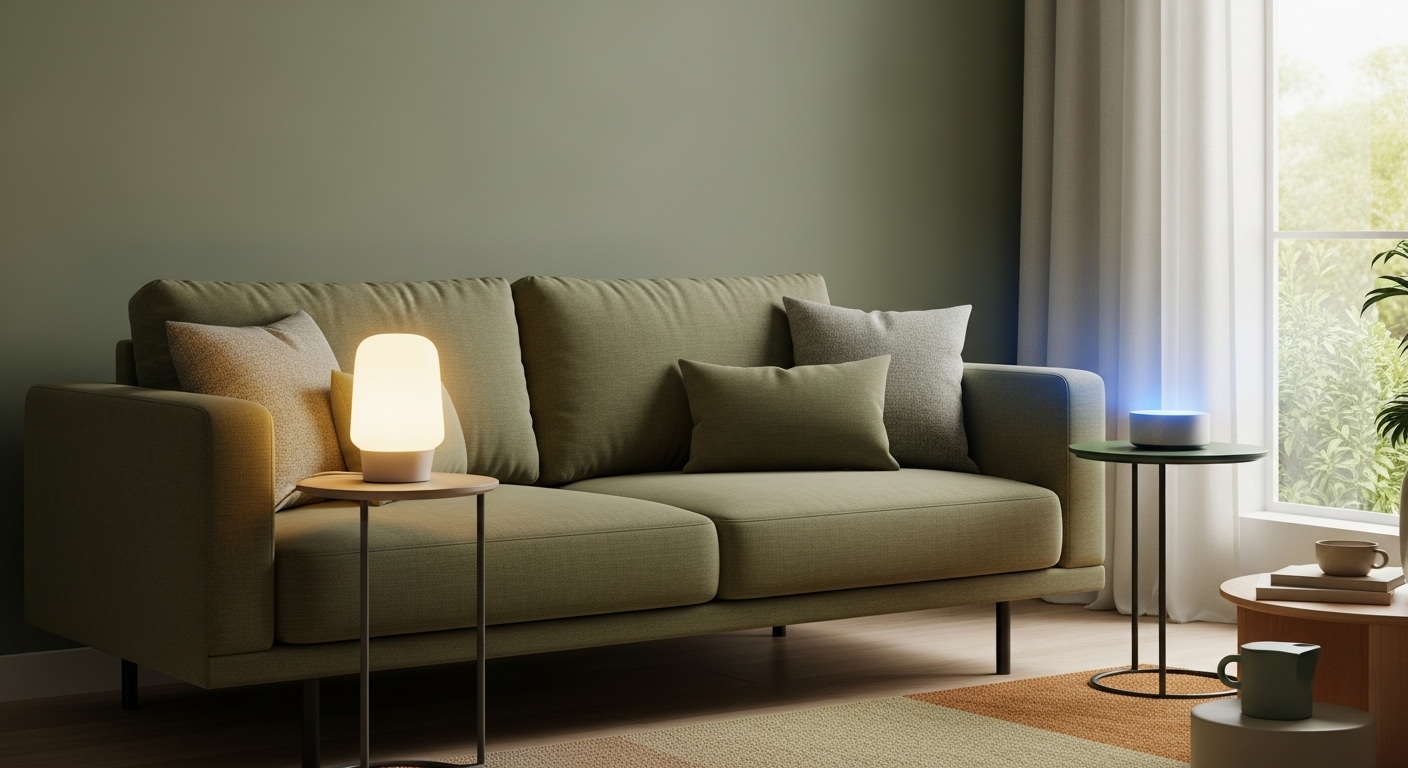 2025년 가성비 스마트홈의 편안하고 효율적인 거실. 녹색 톤의 아늑한 분위기에서 스마트 스피커와 조명이 조화를 이루는 모습.