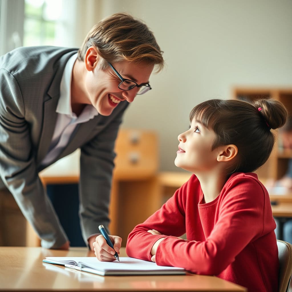 강사가 한 명의 학습자에게 다가가 눈을 맞추며 친절하게 설명해 주는 모습 (따뜻하고 supportive한 느낌)