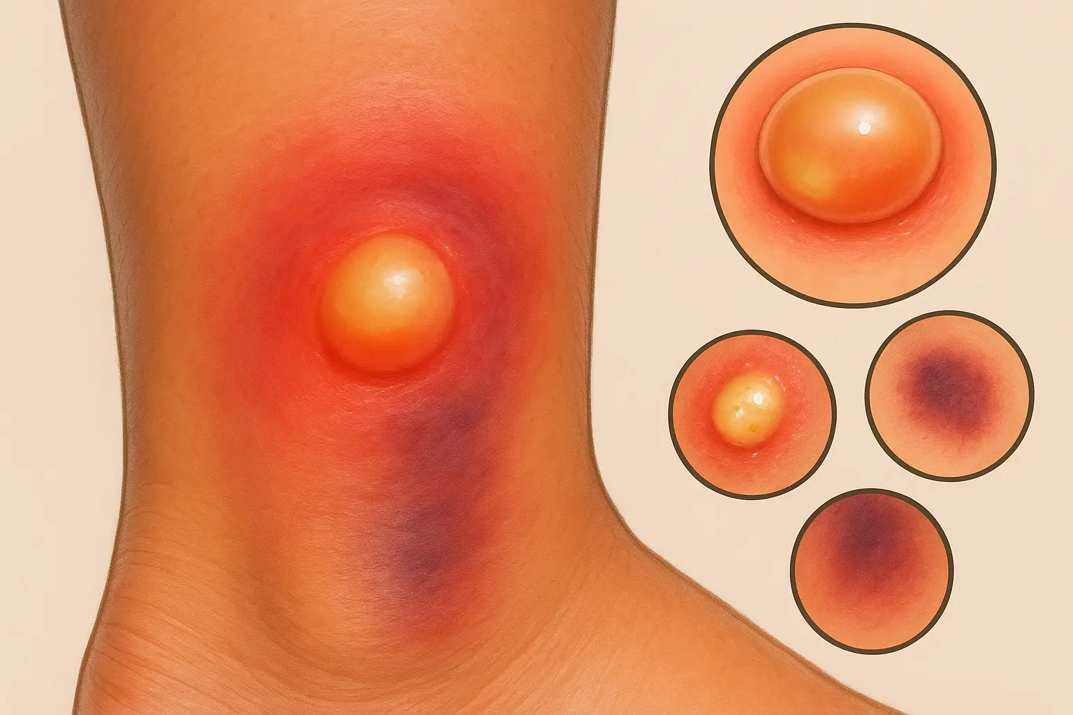 벌레에 물린 부위가 심하게 부어오르고, 물집이나 고름이 잡힌 모습, 주변 피부색이 변한 과민 반응