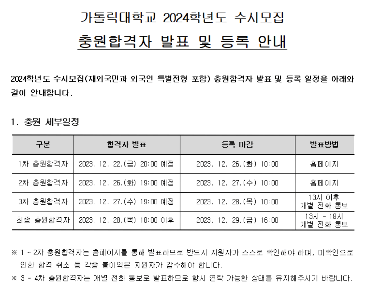 2024 가톨릭대 충원합격자 발표일정