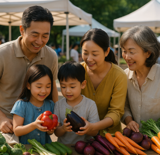 양평에서 여러 체험을 하고 채소를 만져보며 즐거워하는 가족