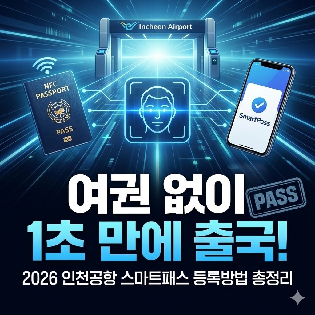 인천공항 스마트패스 앱 설치부터 전자여권 NFC 태깅, 안면 인식 및 탑승권 등록까지의 3단계 절차와 7세 이상 이용 가능 여부 등 주의사항을 요약한 정보성 인포그래픽 이미지