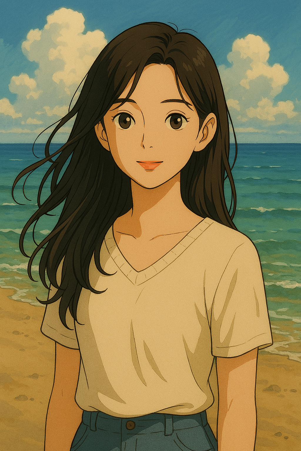 지브리 스타일의 따뜻한 바닷가 앞에서 미소 짓는 여성 일러스트