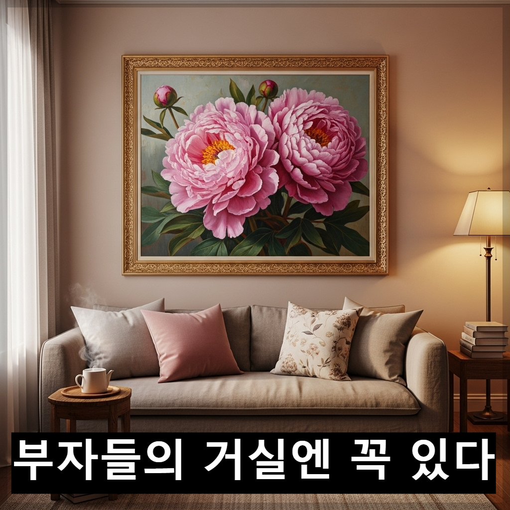 한국식 아파트 거실 소파 뒤 벽면에 세련된 골드 프레임의 활짝 핀 분홍색 모란꽃 그림이 걸려 있고 은은한 조명이 비추는 아늑한 모습