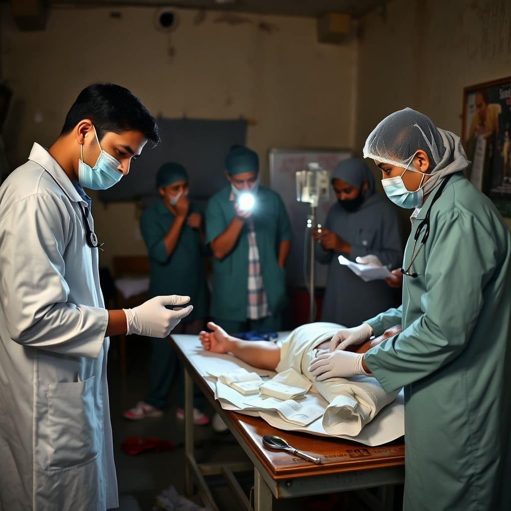 외상 치료에 필요한 전문성과 기술력을 보여주며, 열악한 환경 속에서도 최선을 다하는 의료 현장의 모습을 나타낼 수 있습니다.