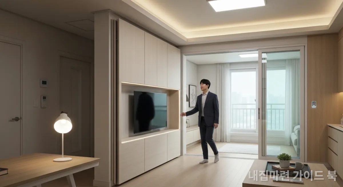 AI 기술이 적용되어 자동으로 공간이 변화하는 미래형 한국 아파트 내부