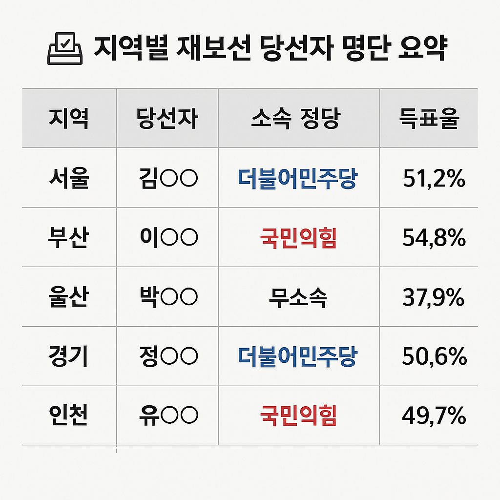 한눈에보는 지역별 재보선 당선자 명단 요약 사진