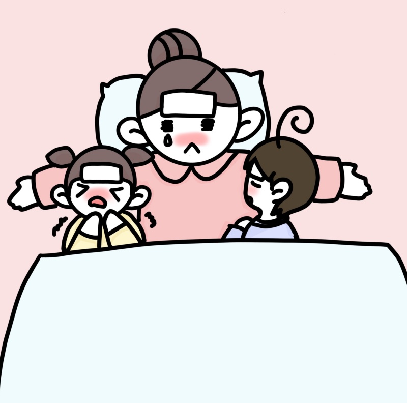 두아이를 옆에 끼고 아파하고 있는 미루 그림