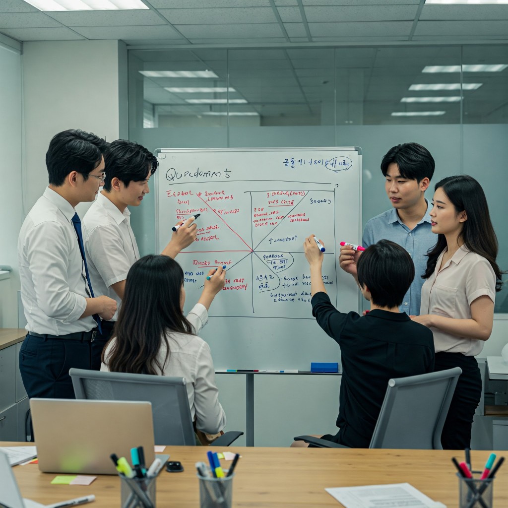화이트보드에 사분면 매트릭스를 함께 그리는 한국 직장인 팀 회의 장면