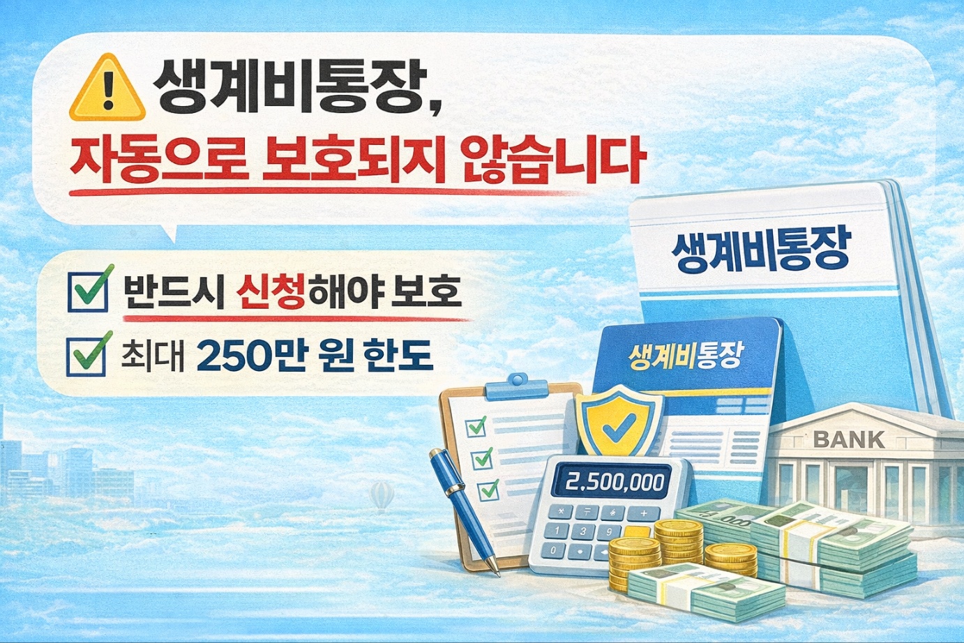 생계비통장은 자동 보호가 아닌 신청 방식이며, 신청 시 월 최대 250만원 한도로 보호된다는 점을 강조한 안내 이미지