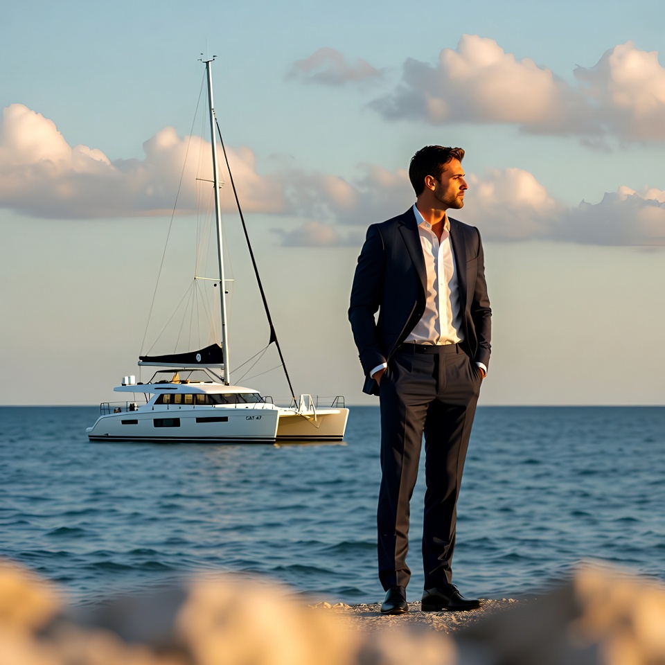 카타마란 요트와 멋진 슈트를 입은 신사. 2030년의 나의 모습