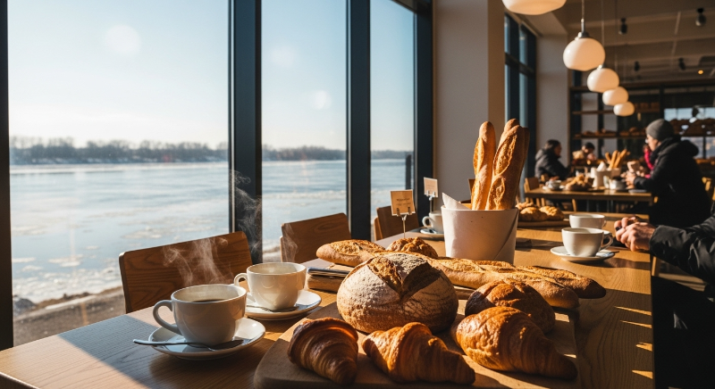 통유리 창문 너머로 겨울 강 풍경이 보이는 아늑한 카페 내부와 따뜻한 커피, 베이커리
