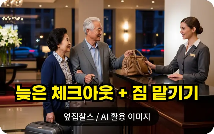 호텔 프론트에서 직원에게 짐을 맡기는 노부부