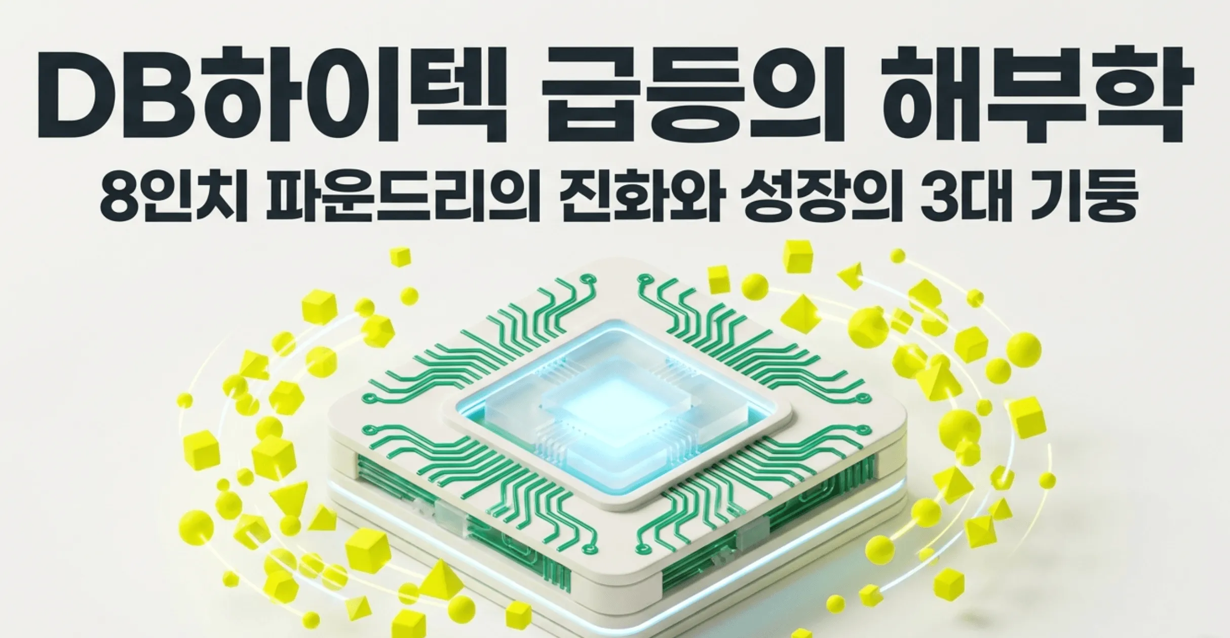 DB하이텍 주가 전망: 'DB하이텍 급등의 해부학'과 '8인치 파운드리의 진화와 성장의 3대 기둥'이라는 문구가 담긴 DB하이텍 주가 전망 블로그 대표 이미지. 회로 패턴이 빛나는 반도체 칩 3D 그래픽을 중심으로 노란색 도형들이 둘러싼 구성이며, DB하이텍이 8인치 파운드리와 전력반도체를 기반으로 실적&middot;단가 인상&middot;기술 전환이라는 세 가지 성장 동력으로 주가가 급등한 배경을 시각적으로 전달함
