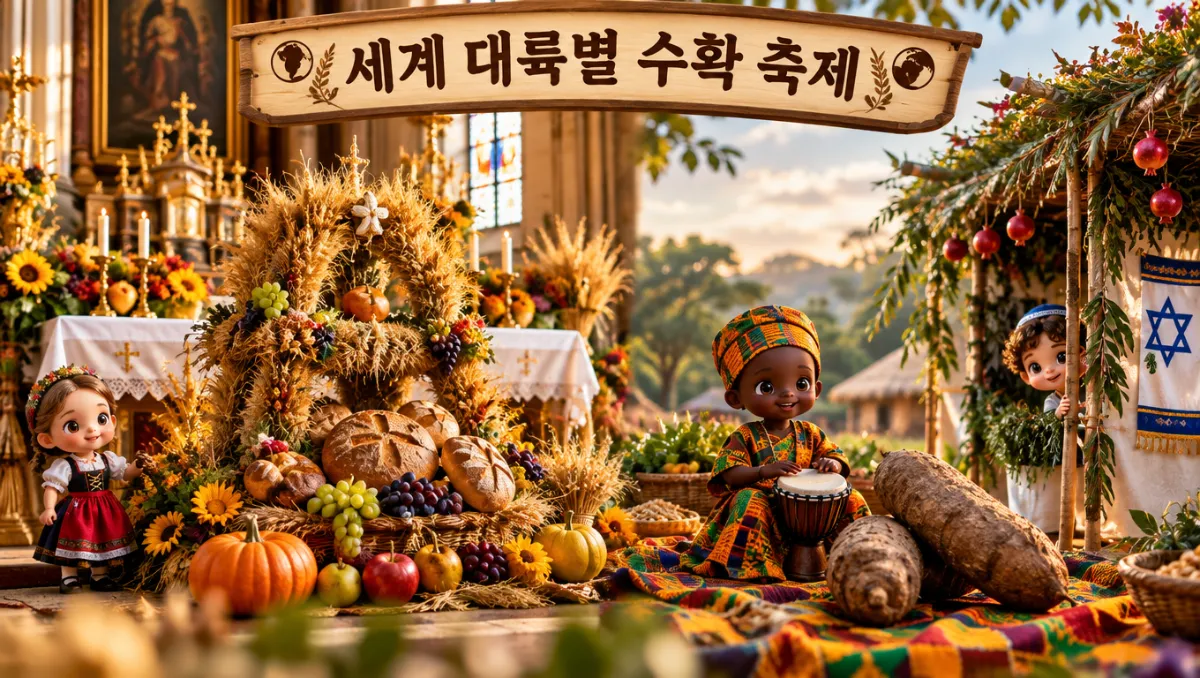 독일 교회 제단 풍경을 배경으로 한 미니미와 서아프리카 전통 의상을 입고 북을 연주하는 미니미, 임시 초막 뒤의 유대교 수콧 풍경이 한 프레임에 담긴 세계 대륙별 수확 축제 콜라주 이미지