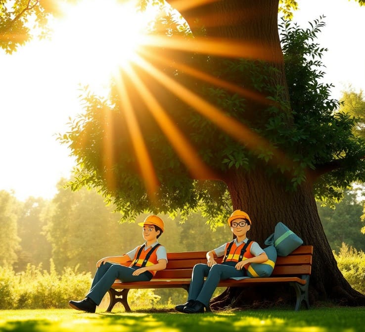 일사병예방을 위해 작업자 2명이 그늘에서 쉬고 있는 모습입니다.