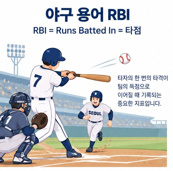 야구 용어 RBI와 Runs Batted In 타점의 뜻을 야구장과 타자 주자로 설명한 스포츠 교육 이미지