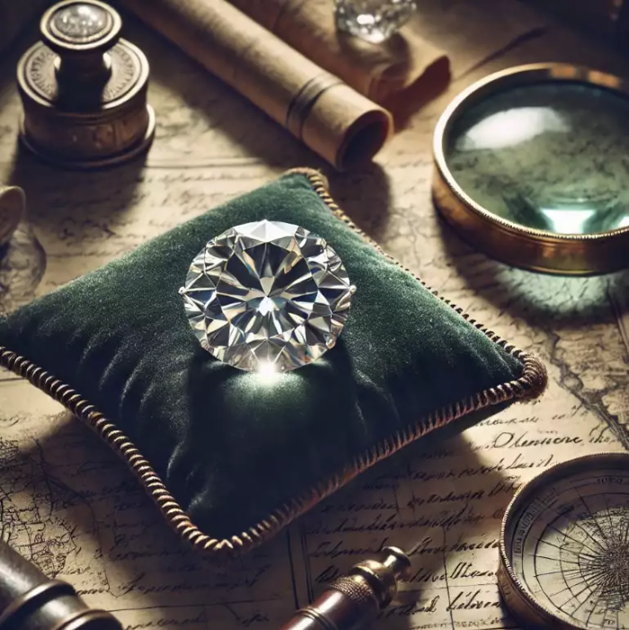부드러운 조명 아래 벨벳 쿠션 위에 놓인 반짝이는 다이아몬드. 다이아몬드 주변에는 오래된 지도, 돋보기, 손글씨 노트 같은 역사적인 유물이 배치되어 있으며, 다이아몬드의 빛남과 역사적 가치를 강조하는 분위기를 연출하고 있다.