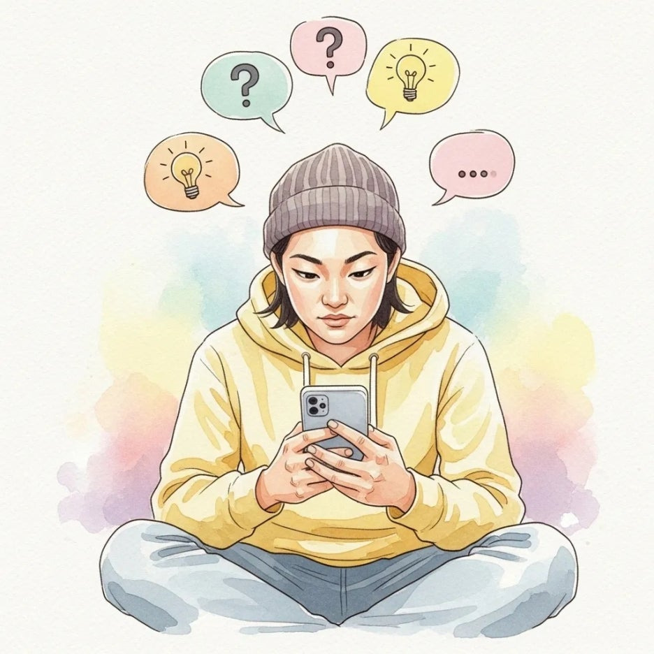 스마트폰을 보며 싱가포르 입국신고서 관련 질문을 해결하는 모습