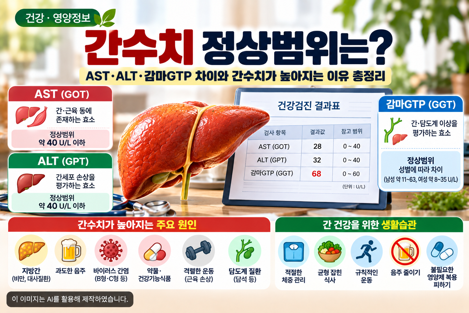 간수치 정상범위와 AST·ALT·감마GTP 차이, 간수치가 높아지는 원인 및 간 건강을 위한 식습관과 생활습관을 정리한 이미지
