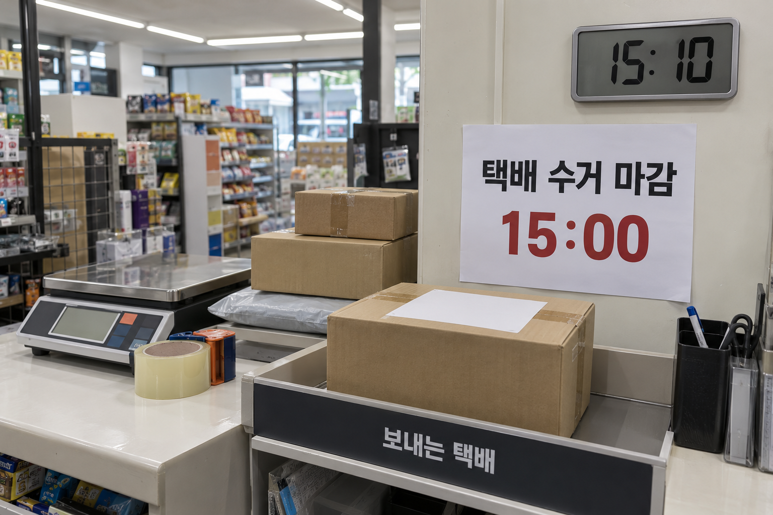 오후3시10분 시계와15시수거마감 안내가 있는 편의점택배 접수대