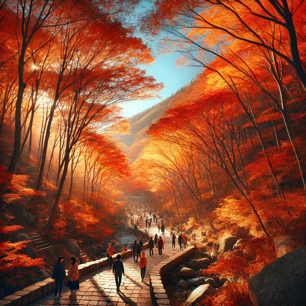 울산 대운산 국가정원의 가을 모습. 붉고 주황빛의 단풍나무가 산을 뒤덮고 있으며&amp;#44; 파란 하늘 아래 돌길을 따라 걷는 사람들이 보인다. 따뜻한 가을 분위기와 평화로운 자연이 어우러진 장면.