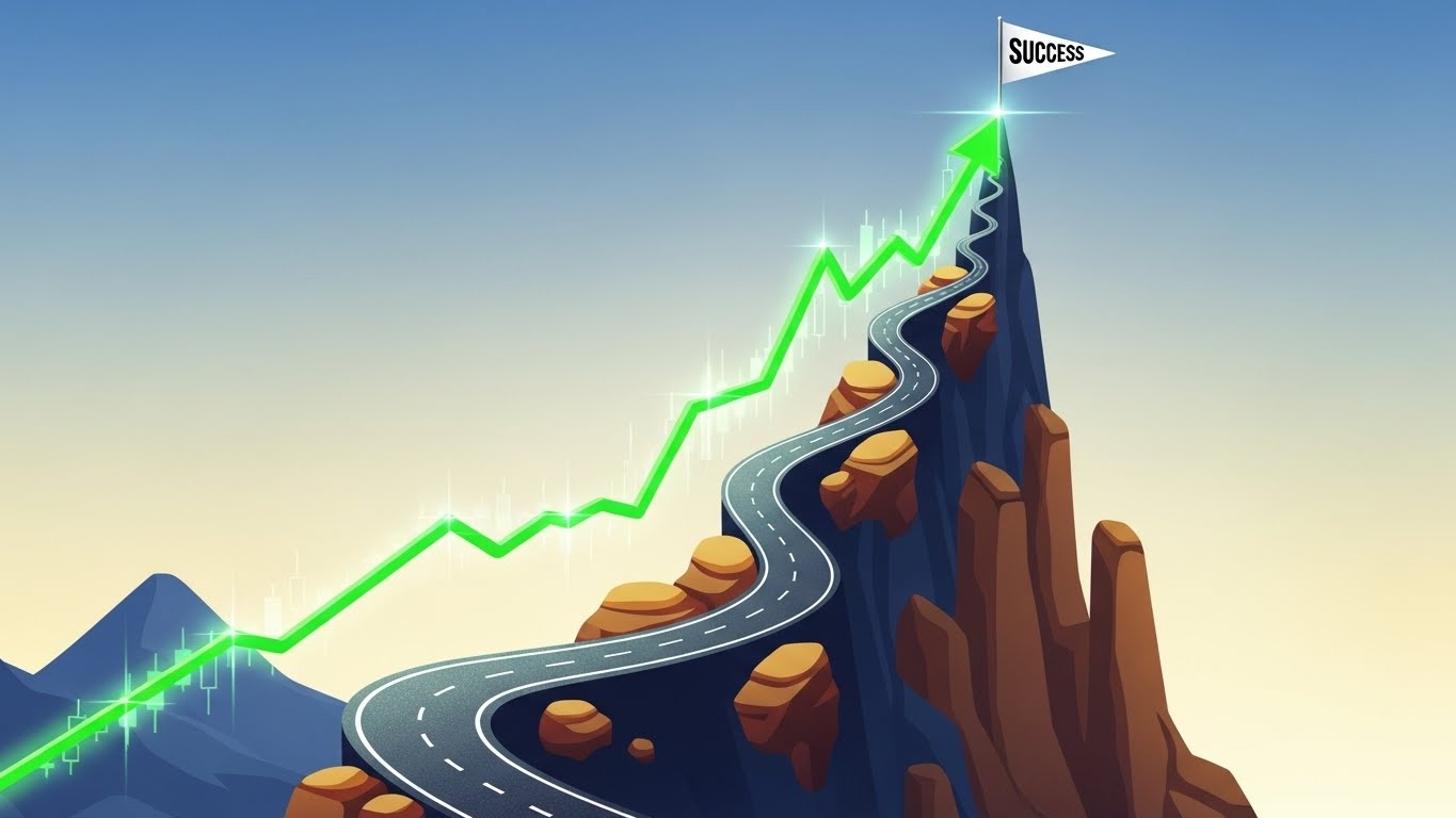 A stock graph line rising rapidly along a winding road, with a flag at the peak labeled 'Success', representing investment growth